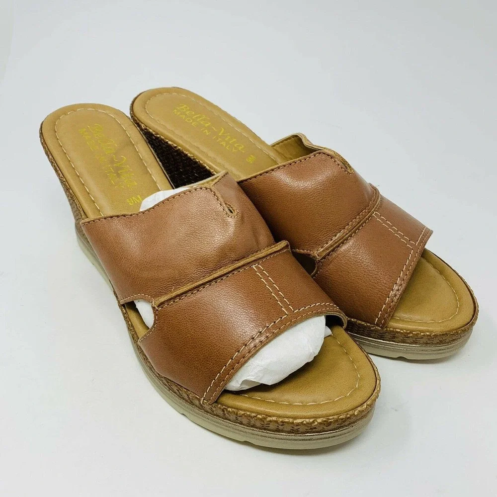 New Bella Vita Womans Sz 9M Brown Mules Wedges Made In Italy Leather NIB - Picture 3 of 7